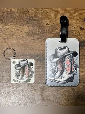 Handcrafted Floral Cowboy Boot Luggage Tag & Keychain Set New Without Tags